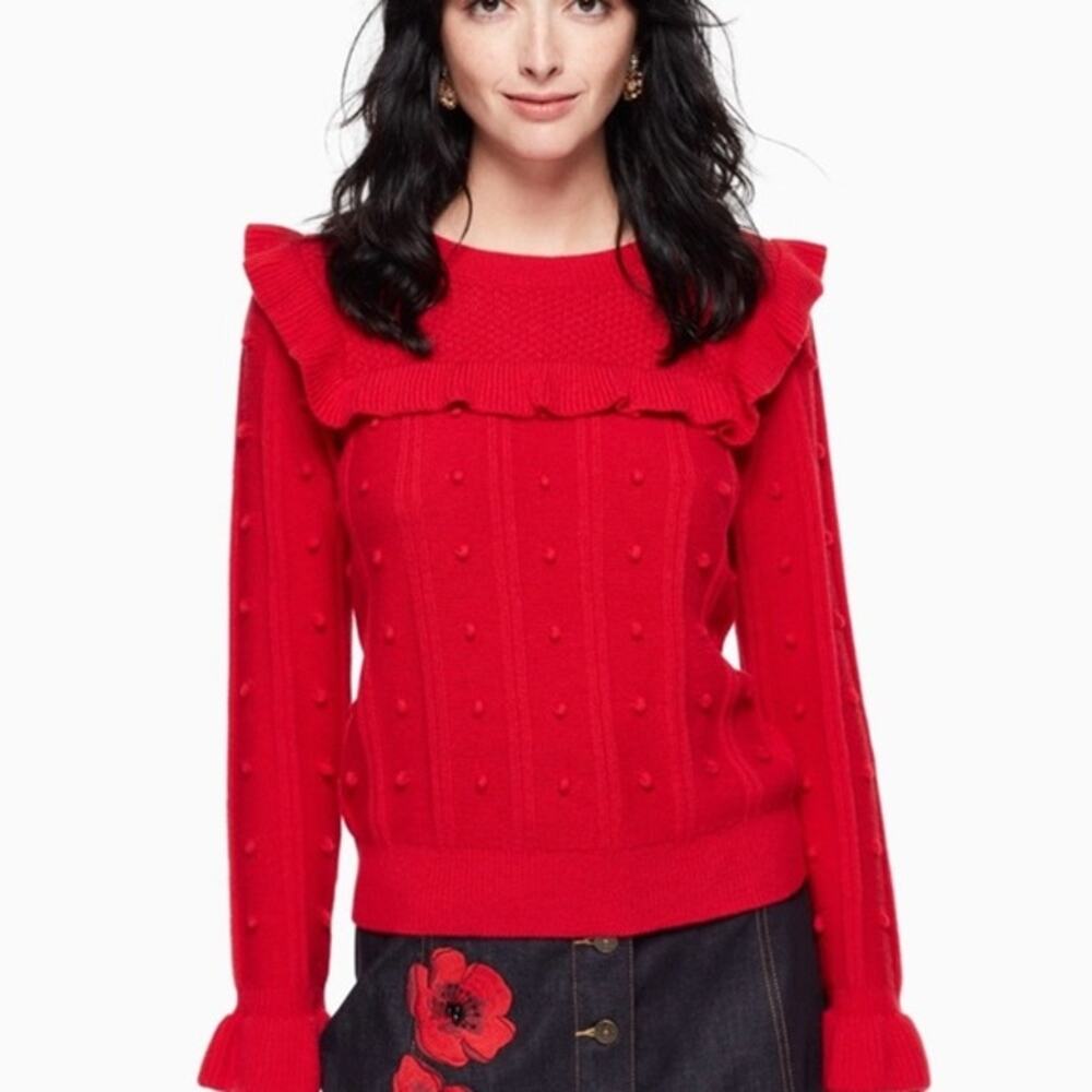 Kate Spade New York Swiss Dot Long Sleeve Ruffle Trim Yorke Sweater Red Women XS